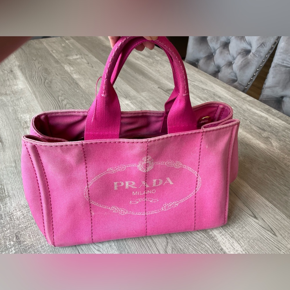 Prada Canada Canvas Rose Pink Tote Handbag Authentic. H8.5”, L16-20”